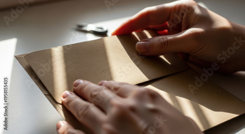 Close-up of hands cutting cardboard with scissors on a table.