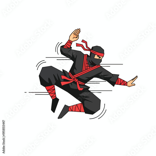 A black-clad ninja with red accents jumps mid-air, mid-action