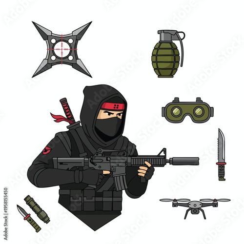 A masked figure in black tactical gear holds a rifle surrounded by weaponry and gadgets