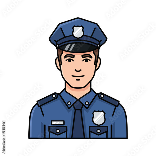 Cartoon police officer in blue uniform with badge and cap