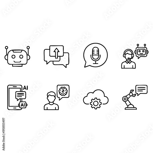 Essential artificial intelligence and robotics vector line icons collection representing future technology, digital communication, and automation design elements.