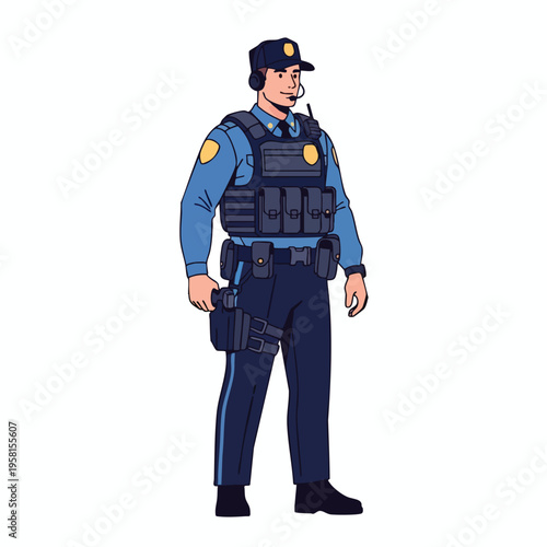 Full body illustration of a uniformed officer with gear, standing