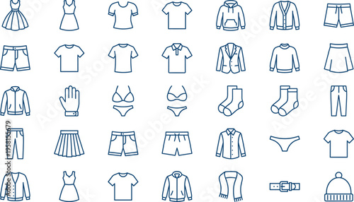 Blue line icon set of various clothing items including shirts dresses pants jackets and accessories for fashion retail and e-commerce