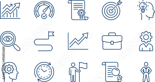 Blue line icon set for business strategy performance tracking goal achievement analysis career development and corporate leadership success concepts for presentations