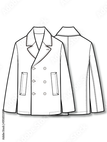 Mens double breasted coat technical flat fashion sketch vector template illustration front and back view peacoat style classic tailored outerwear apparel CAD drawing design mockup concept

