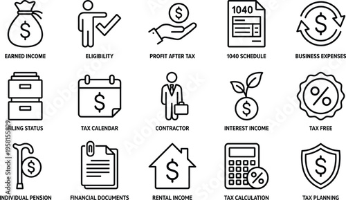 Black line icon set for tax preparation including earned income eligibility profit after tax filing status and financial planning documents
