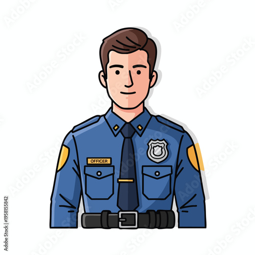 A cartoon illustration of a male officer in a blue uniform, standing against a white background