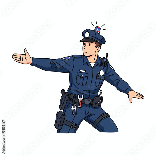 Cartoon police officer directing traffic with one arm outstretched and a siren on cap