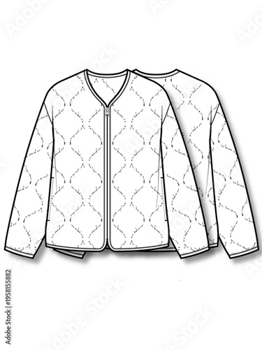 Mens quilted jacket technical flat fashion sketch vector template illustration front and back view lightweight padded collarless outerwear apparel CAD drawing design mockup concept
