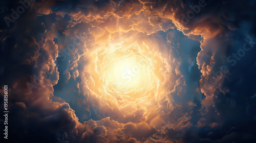 CLOUDS swirl around a radiant, glowing center