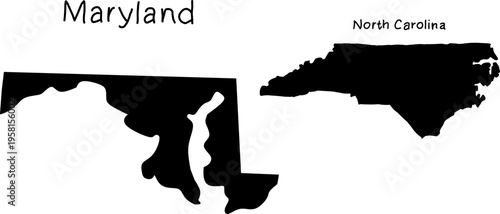 Black silhouettes of Maryland and North Carolina state maps isolated on white background, clean geographic outlines ideal for design, education use.