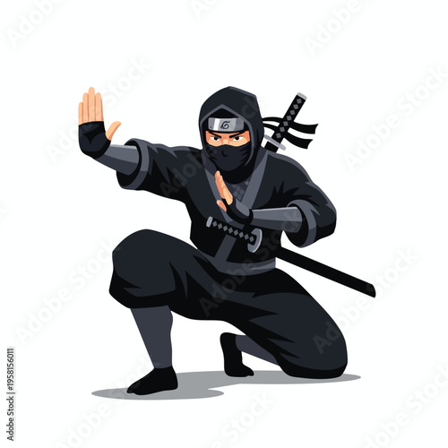 Black ninja crouched, ready for action, sword at hip, masked face