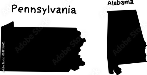 Black silhouettes of Pennsylvania and Alabama on white background, simple USA state map shapes for education design infographics and creative use