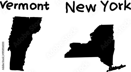 Black silhouettes of Vermont and New York on white background, simple USA state map shapes for education design infographics and creative use