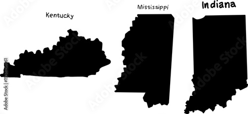 Black silhouettes of Kentucky Mississippi and Indiana on white background, simple USA state map shapes for education design and infographic use