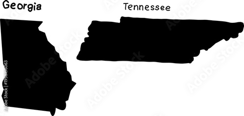 Black silhouettes of Georgia and Tennessee on white background, simple map illustration showing geographic shapes for educational or design use icons