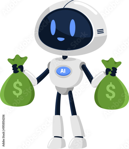 Funny AI Robot Holding Money Bags Cartoon Character Earning Profit Finance – Vector Illustration Flat Design Isolated On Transparent Background