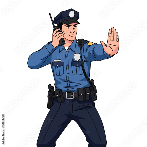 Officer holding radio, stopping traffic with hand. Officer ready