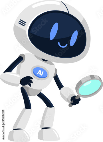 AI Robot Cartoon Character Searching With Magnifying Glass Data Analysis Concept – Vector Illustration Flat Design Isolated On Transparent Background