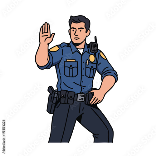 A police officer with a hand raised in a stop gesture, wearing a badge, radio, and duty belt