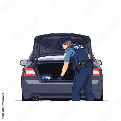 Officer inspects items inside an open car trunk