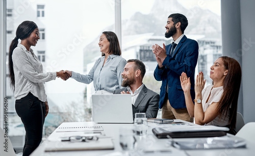 Photography Woman, team and handshake with applause for celebration at promotion with smile at insurance company