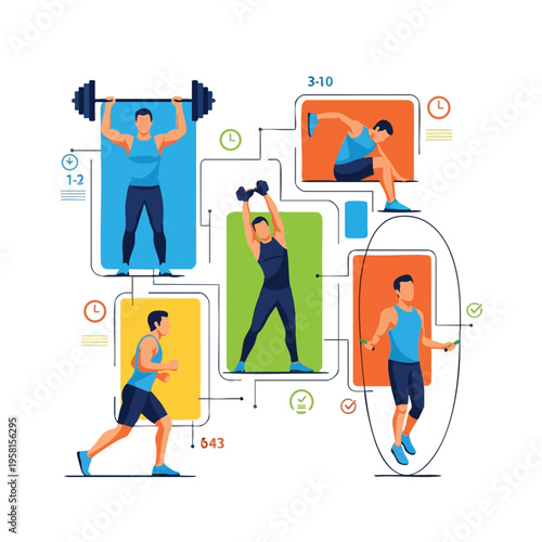 A stylized graphic illustrates five fitness activities, each with an icon and numerical indicator