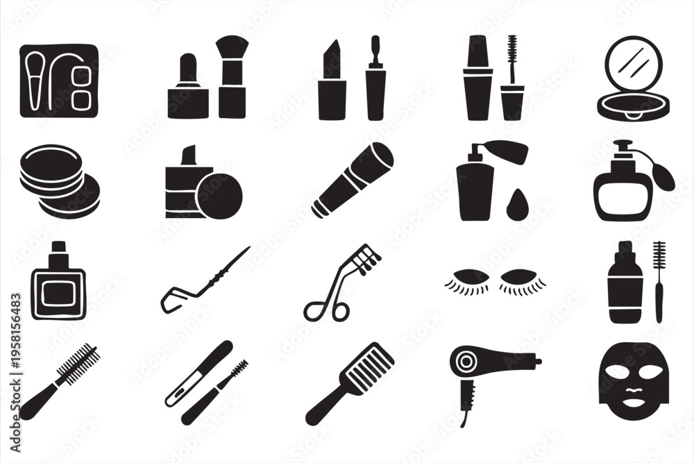 Fototapeta premium Cosmetics Tools and Skincare Products Vector Icon Collection