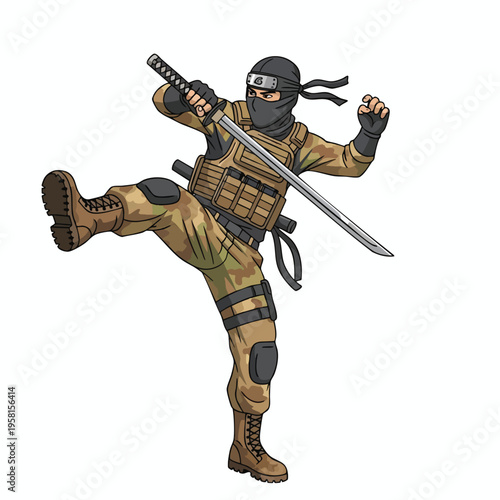 Camouflaged warrior in mid-kick, wielding a katana with determined stance