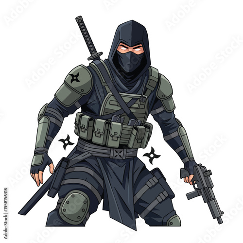 A stylized ninja in tactical gear, holding a pistol and sword, ready for action