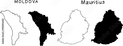 Black and white map silhouettes of Madagascar and Liechtenstein, featuring outline and filled shapes for geographic comparison, cartography, and design use.