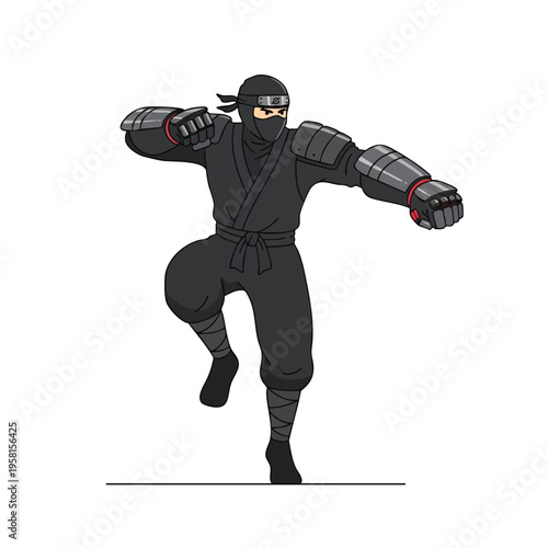 A stylized ninja in black attire with armored forearms and a headband, in a fighting stance