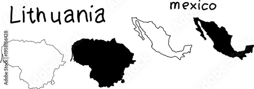 Black and white map silhouettes of Lithuania and Mexico, showing outline and filled shapes for geographic comparison, cartography, and modern design use.