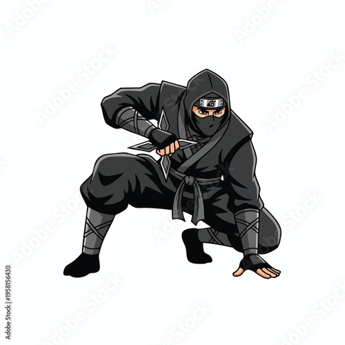 Crouching ninja in black attire holds throwing stars, ready for action
