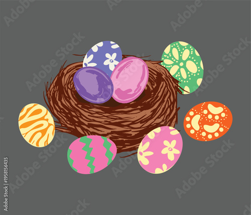 Colorful Easter Egg Hunt in Nest with Decorative Eggs