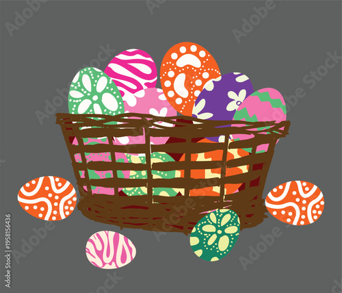 Colorful Easter Eggs for Egg Hunt in Wicker Basket with Spring Theme
