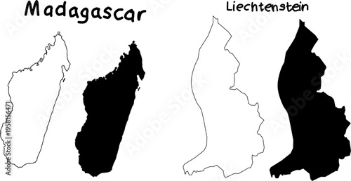Black and white map silhouettes of Liberia and Malawi, showing outline and filled shapes for geographic comparison, cartography, and clean design use.