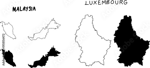 Black and white comparison of country map silhouettes featuring Malaysia and Luxembourg, showing outline and filled shapes for geographic reference and design use.