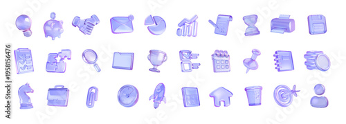 A set of glossy purple icons representing various office items. They are designed in a 3D style. Perfect for digital projects. Includes envelopes, charts, and more.
