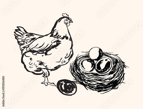 Vintage Hen Standing with Eggs in Nest Rustic Farm Illustration