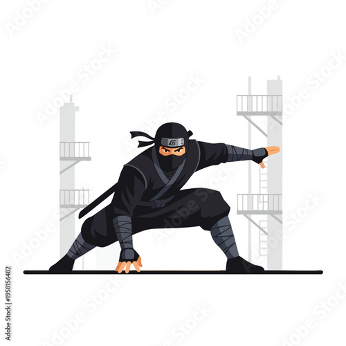 A stealthy ninja in black, mid-crouch with sword at side, cityscape background
