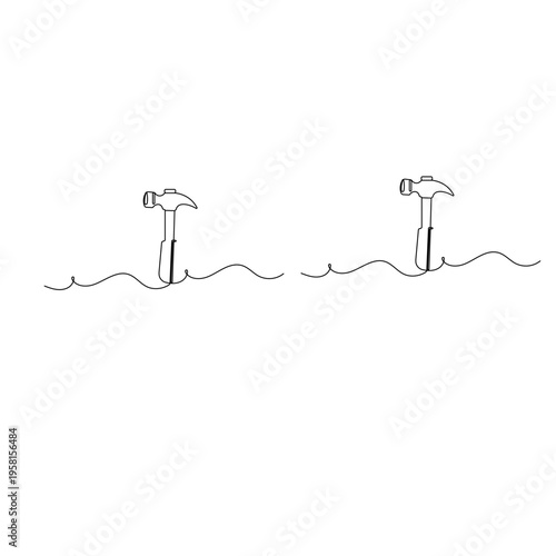 Continuous line drawing of a claw hammer on a wavy baseline

