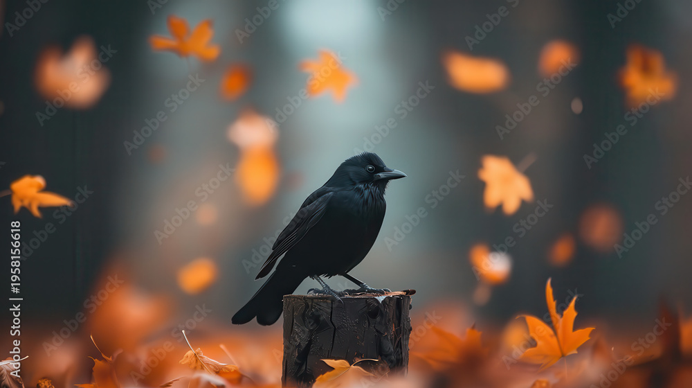 Fototapeta premium Black bird perches calmly on a weathered stump