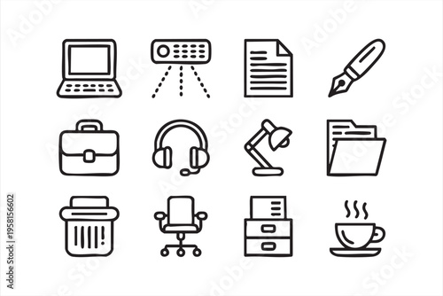 Office Workspace and Business Outline Icon Set for Productivity