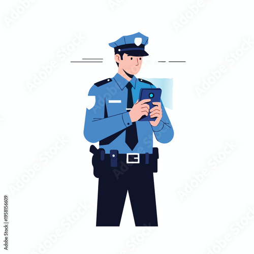 A police officer in uniform holds and looks at a smartphone