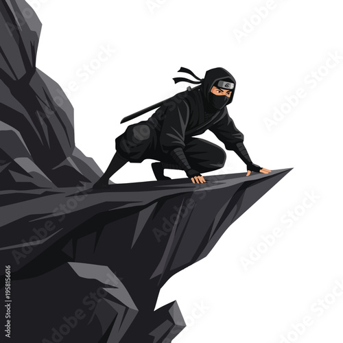 Stealthy warrior crouches on jagged dark rock cliff edge