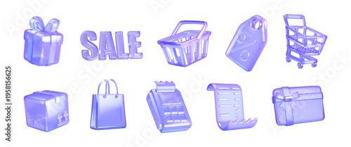 Set of glossy purple shopping icons representing sale themes. Includes gift boxes, shopping cart, sale tag, and basket. Ideal for ecommerce and retail designs.