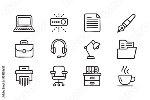 Corporate Work Environment Icons with Laptop Documents and Equipment