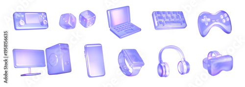 Collection of technology gadgets in holographic style. Includes gaming consoles, laptop, and headphones. Designed in soft purple tones. Ideal for digital design concepts.