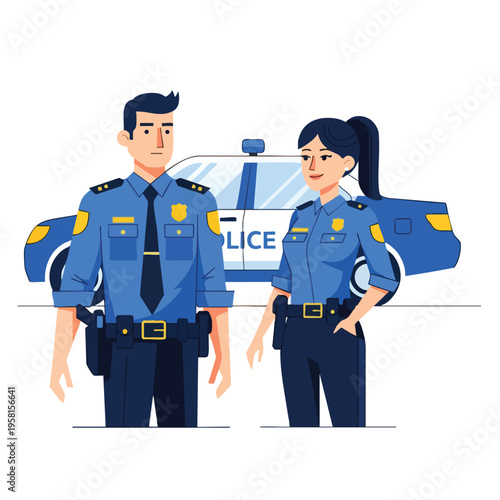 Two officers, male and female, stand in uniform by a police car